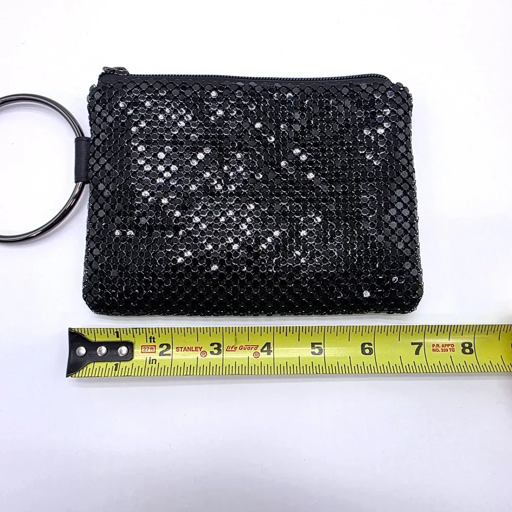 Black Metal Mesh Ring Handle Wristlet Clutch Evening Bag Zipper Closure